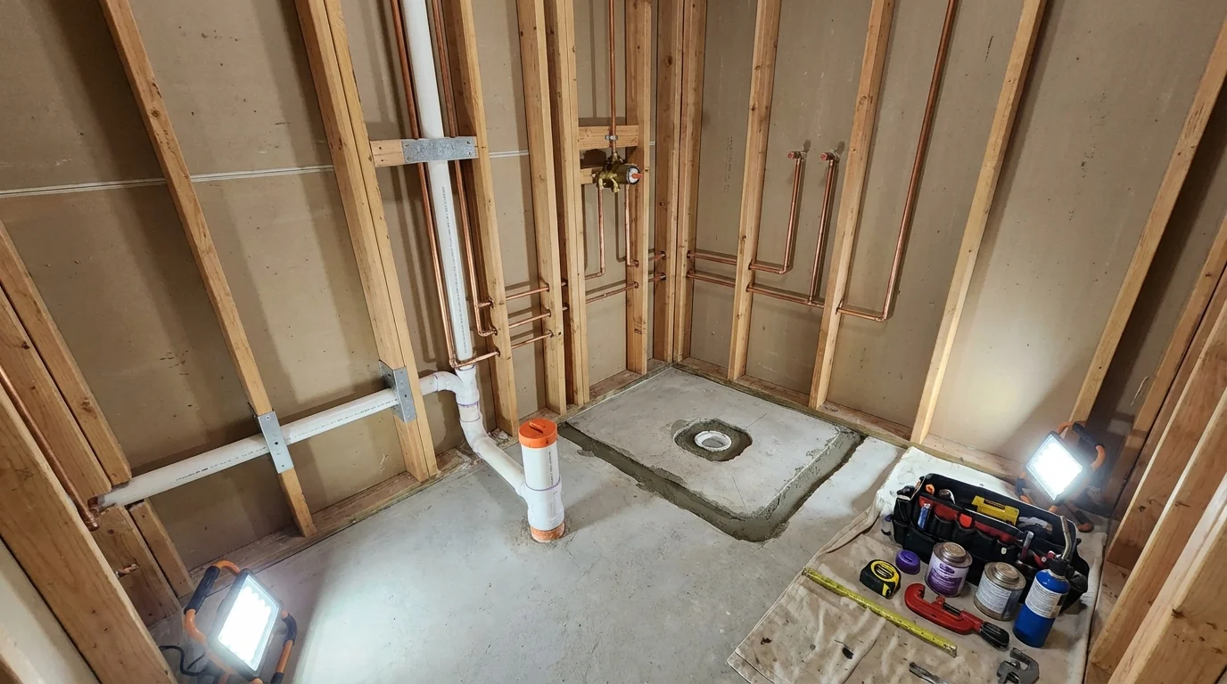 Bathroom rough-in plumbing during remodel by Johns Plumbing LLC in Prescott