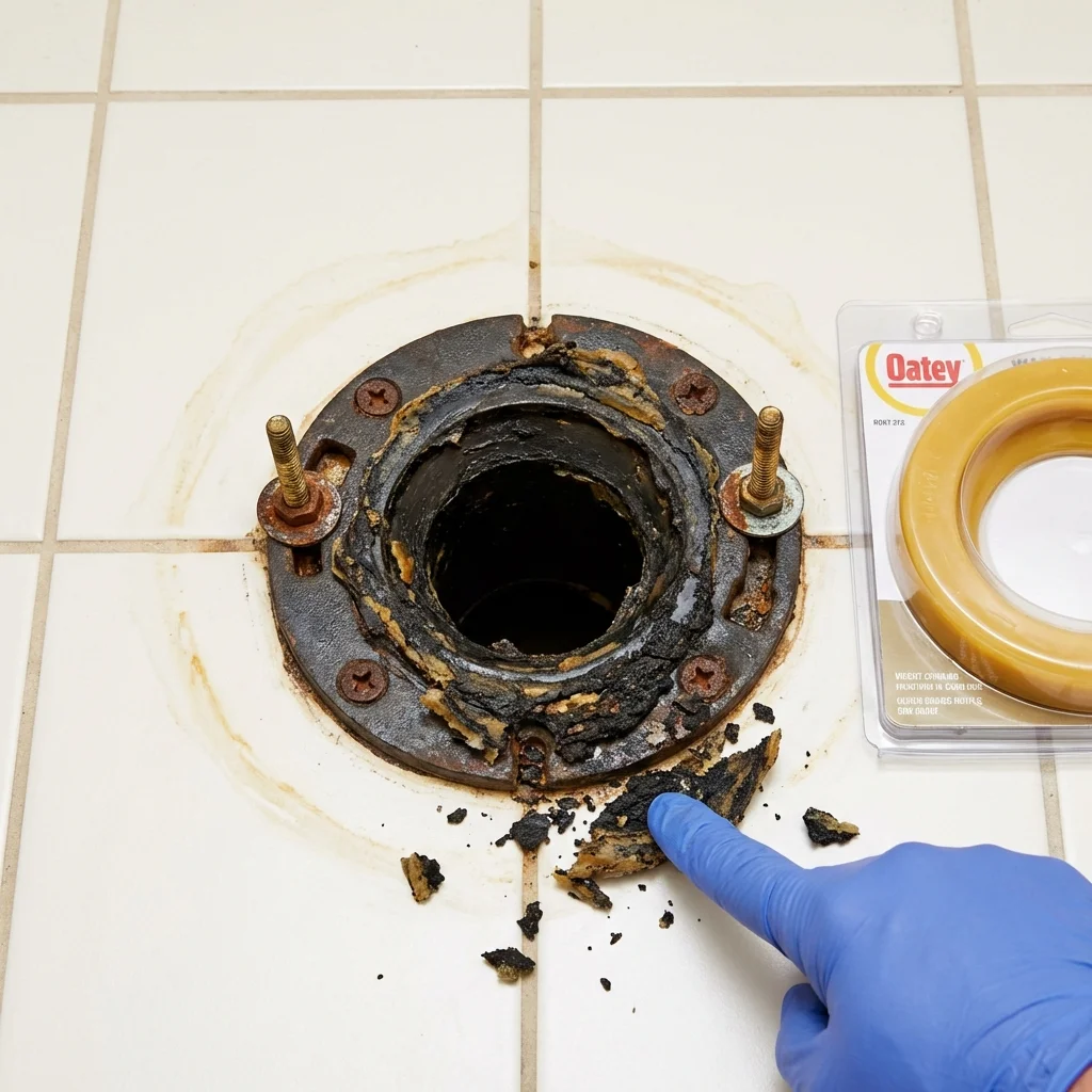 Failed wax ring showing water seepage at the base of a toilet in a Prescott, AR home