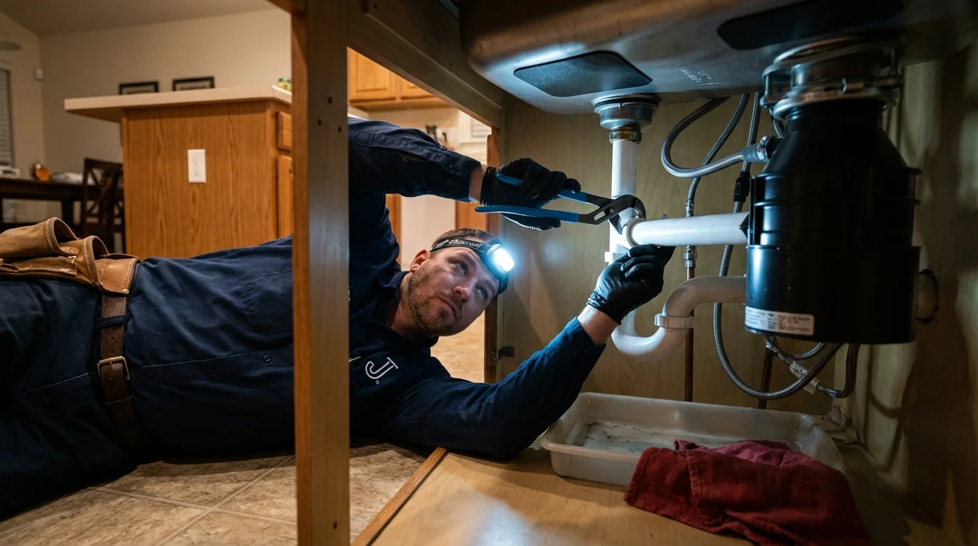 P-trap and supply line connections under a kitchen sink showing a common leak point in Prescott, AR